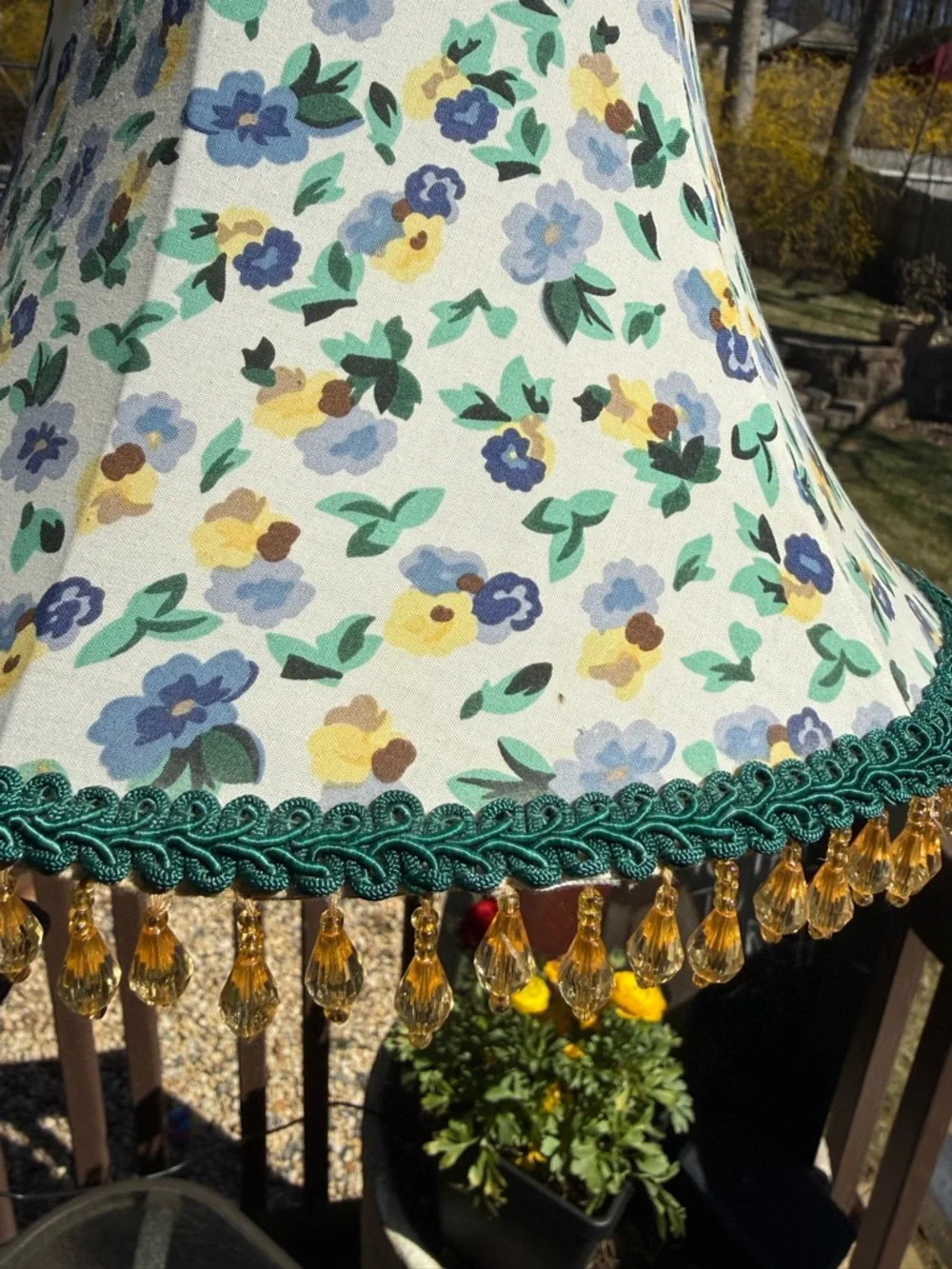 Laura Ashley Floral Fabric Lantern Lamp Shade with Green Trim and Amber Fringe